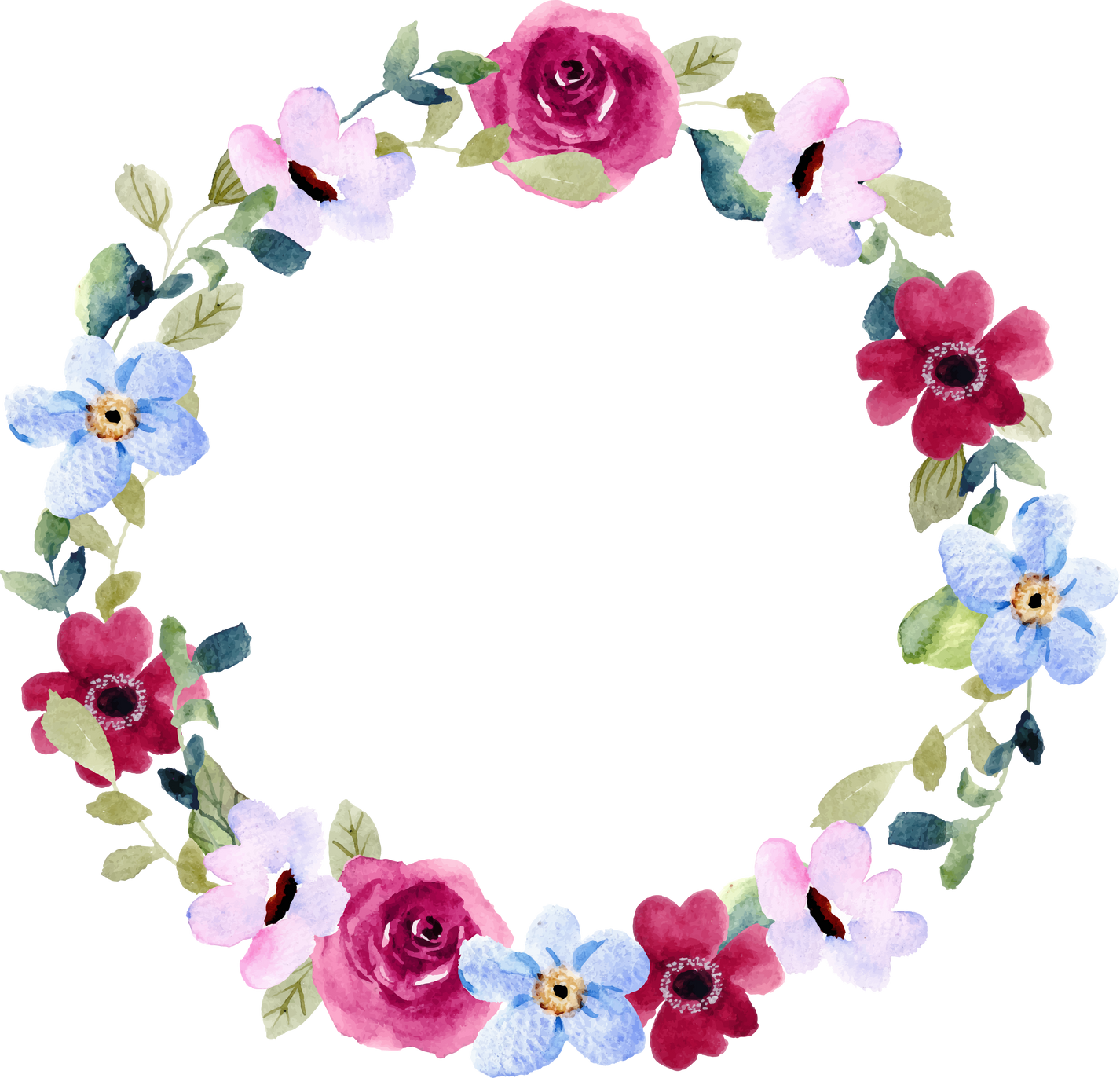 pink blue floral watercolor wreath